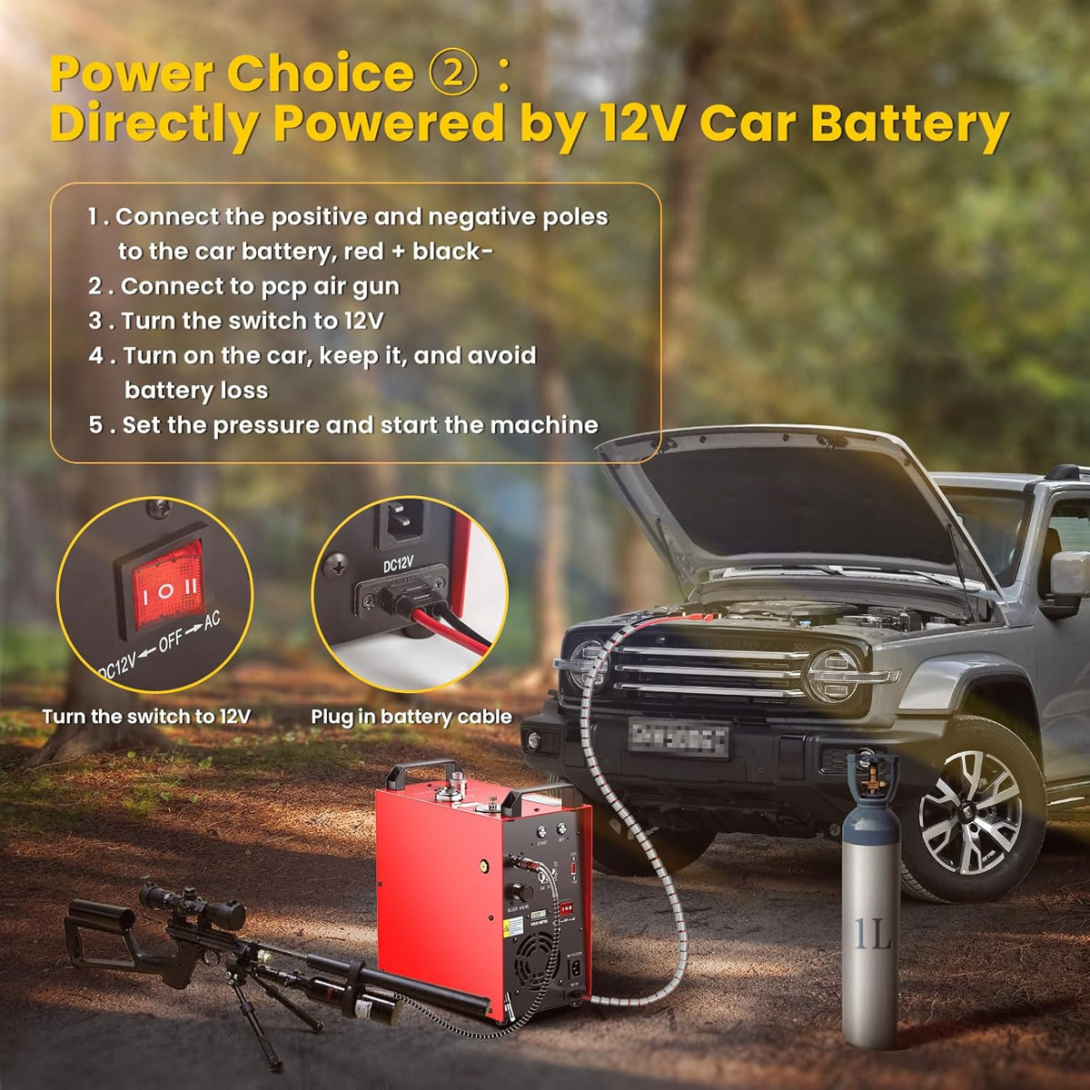 PCP-luchtcompressor – Hogedrukcompressor – Draagbare compressor – Airgun compressor – Paintball compressor – Krachtige 350W Motor – Ingebouwde 220V-12V Converter