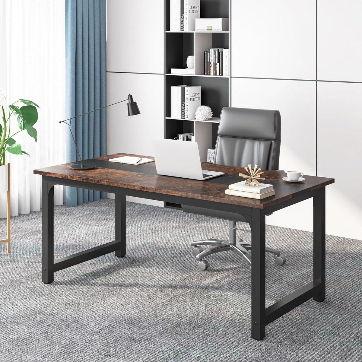 Tribesigns Modern Computer Table, Large Desk Table, Computer Table, Study, Desk, Workplace for Home Office, Rustic/Black (160 * 80cm)