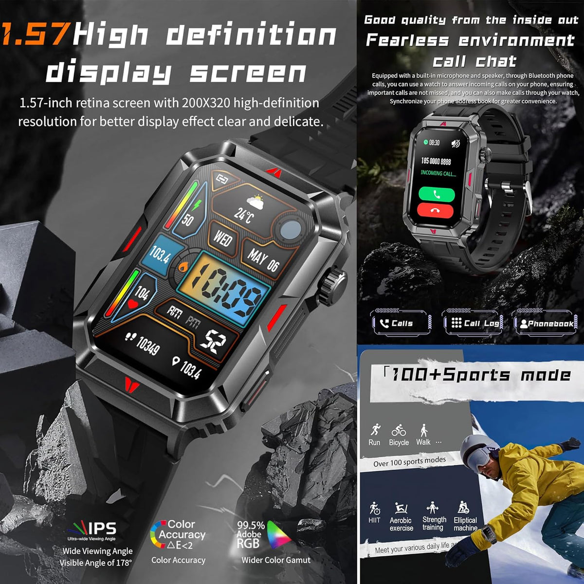 Smartwatch Herren met Bellen/Kiezen via Bluetooth, 1,57” AMOLED Smart Watch voor Herrens, Slaapmonitor Menstruatie Volgen, Calorie Stappenteller Stopwatch Activity-Armband voor Android iOS (Zwart)