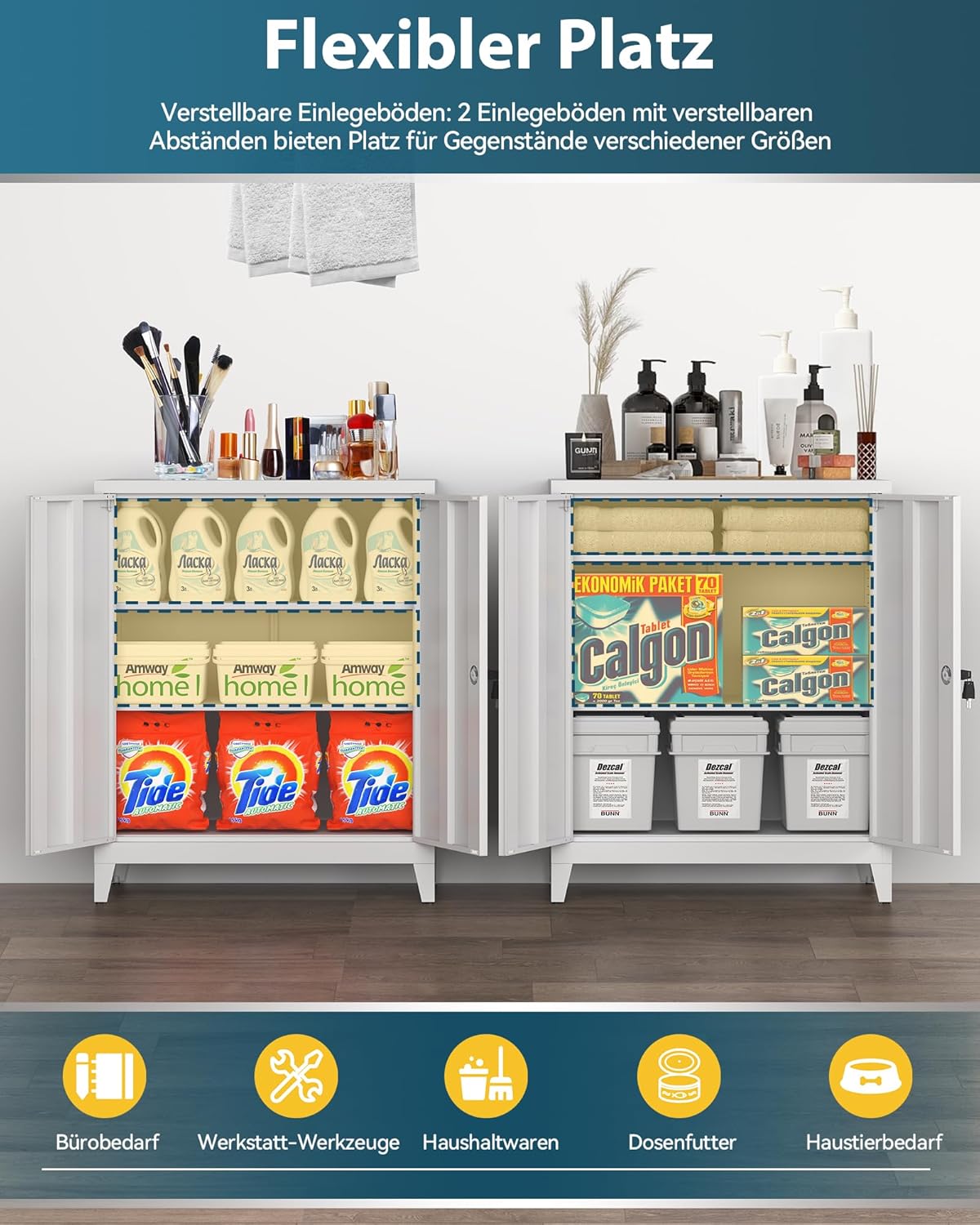 Dossierkast, afsluitbare garagekast, 2 niveaus, bureaukast, werkplaatskast met verstelbare planken, voor kantoor, garage en bijkeuken, 40 x 80 x 100 cm, wit