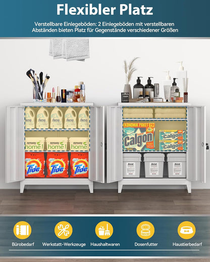 Dossierkast, afsluitbare garagekast, 2 niveaus, bureaukast, werkplaatskast met verstelbare planken, voor kantoor, garage en bijkeuken, 40 x 80 x 100 cm, wit