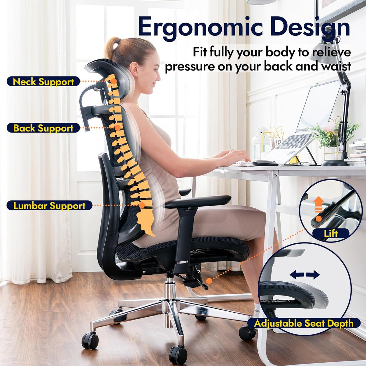 Ergonomische Bureaustoel – Bureaustoel Met Hoge Rugleuning – Gamingstoel – Kantoorstoel – Computerstoel – Verstelbare Lendensteun – Ademend Gaas – 3D-Armleuningen Met Hoofdsteun