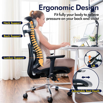 Ergonomic Office Chair, High Back Fully Mesh Office Chair with Lumbar Support, Tilting Gaming Chair, Adjustable 3D Armrest, Headrest, Large and High Swivel Computer Chair, 150 kg
