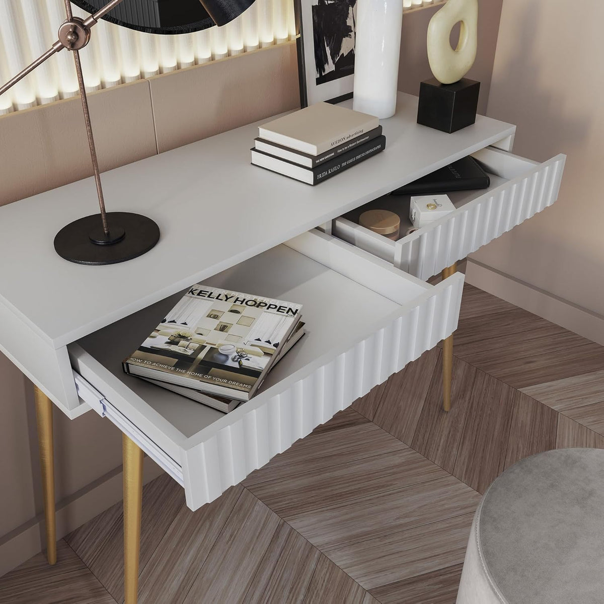 Selsey Make-uptafel make-uptafel kaptafel cosmeticatafel 104 cm met 2 laden Bello wit gouden poten