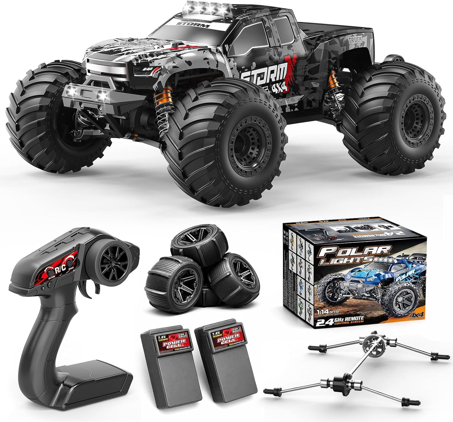 RC Auto 1:14 – RC Wagen – Radiografisch Bestuurbare Auto – Monstertruck – Offroad Voertuig – 4x4 Vierwielaandrijving – 40 km/u Snelheid – 2×1300mAh Batterijen & 2 Sets Banden