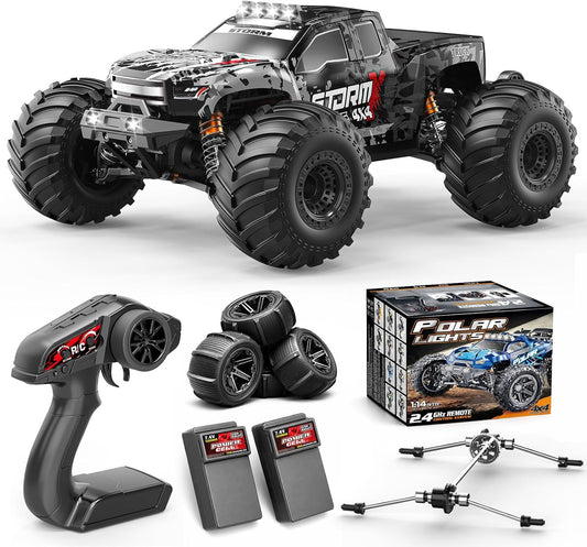 RC Auto 1:14 – RC Wagen – Radiografisch Bestuurbare Auto – Monstertruck – Offroad Voertuig – 4x4 Vierwielaandrijving – 40 km/u Snelheid – 2×1300mAh Batterijen & 2 Sets Banden