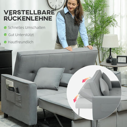 HOMCOM Schlafsofa, 2-Sitzer Sofa mit Schlaffunktion, Verstellbare Rückenlehne, Couch mit Kissen, Samtoptik, L-förmig Schlafcouch mit Bettkasten Rollen für Wohnzimmer, Gästezimmer, Grau - QUORE
