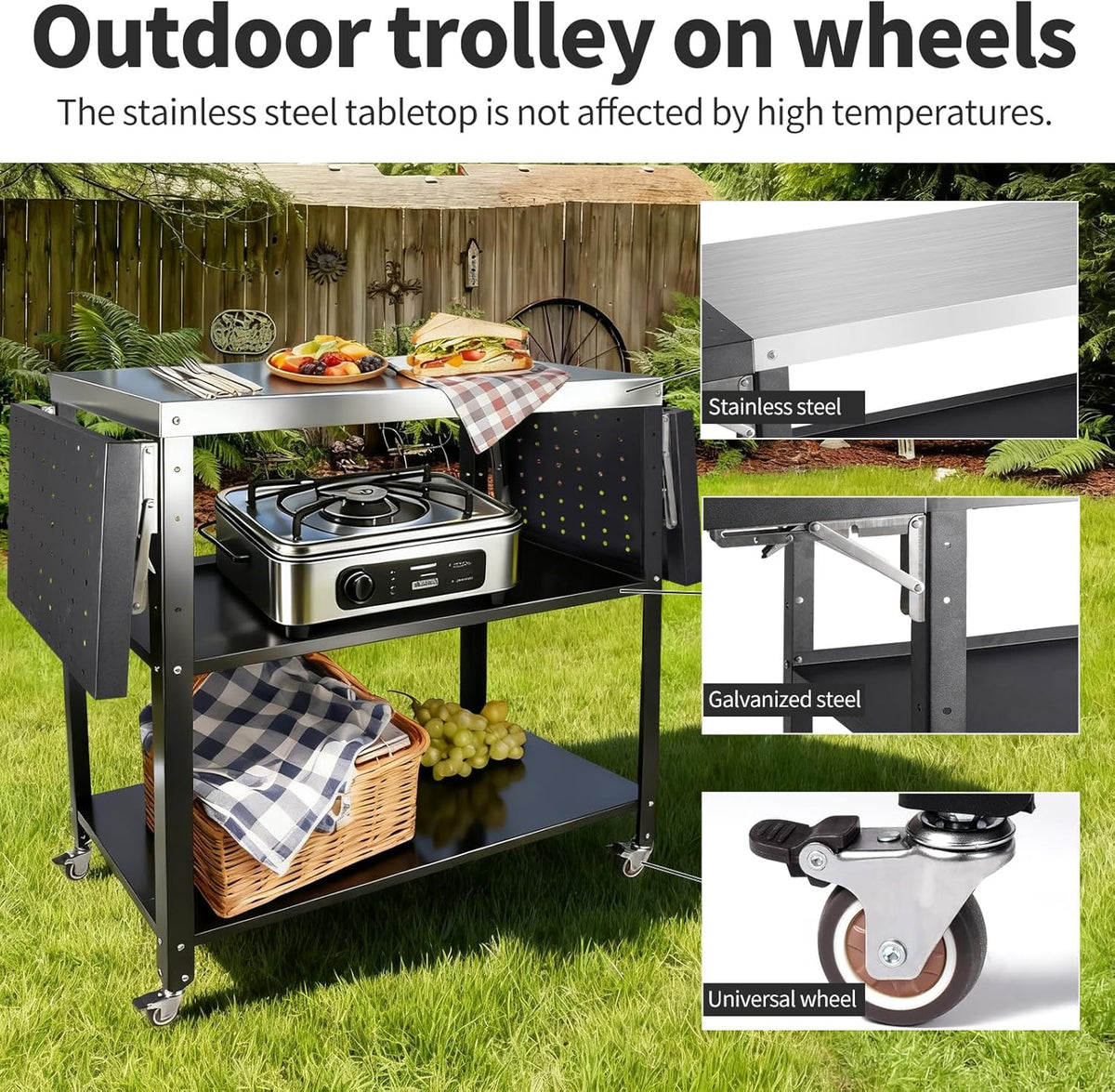Outdoor grilltafel met roestvrijstalen werkblad, 3-laags grillwagen met wielen, 2 stuks 30 cm opvouwbare bijzettafel, ronde gaten voor het ophangen van keukengerei, tuingereedschapkarren