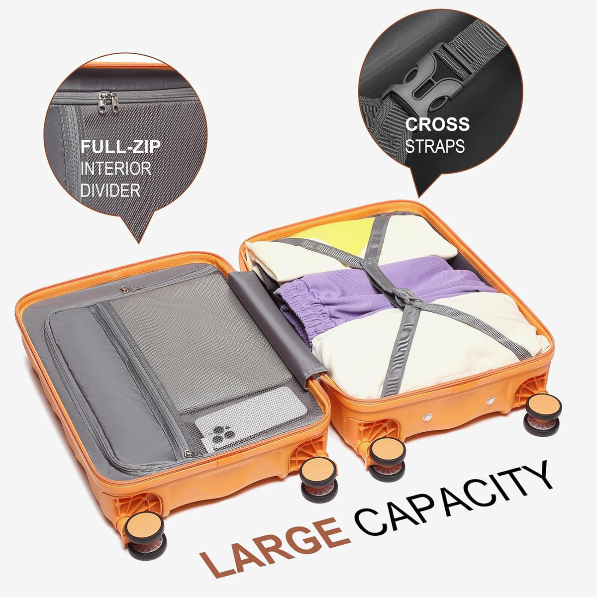 Sea choice Hardschalige Trolley Kofferset 5-Delige Reiskoffer Met Dubbele Wielen Bevat 1 Reistas en 1 Toilettas, Bagage M-L-XL Set (55/65/76cm), Tsa Slot en 4 Wielen (Oranje, Kofferset)