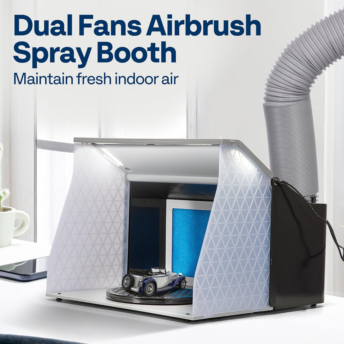 VIVOHOME Airbrush Verfspuitcabine met Dubbele Ventilatoren Draaitafel met 4 Led-lampjes en Filterslang Draagbare Airbrushcabine voor het Schilderen van Modelbouw