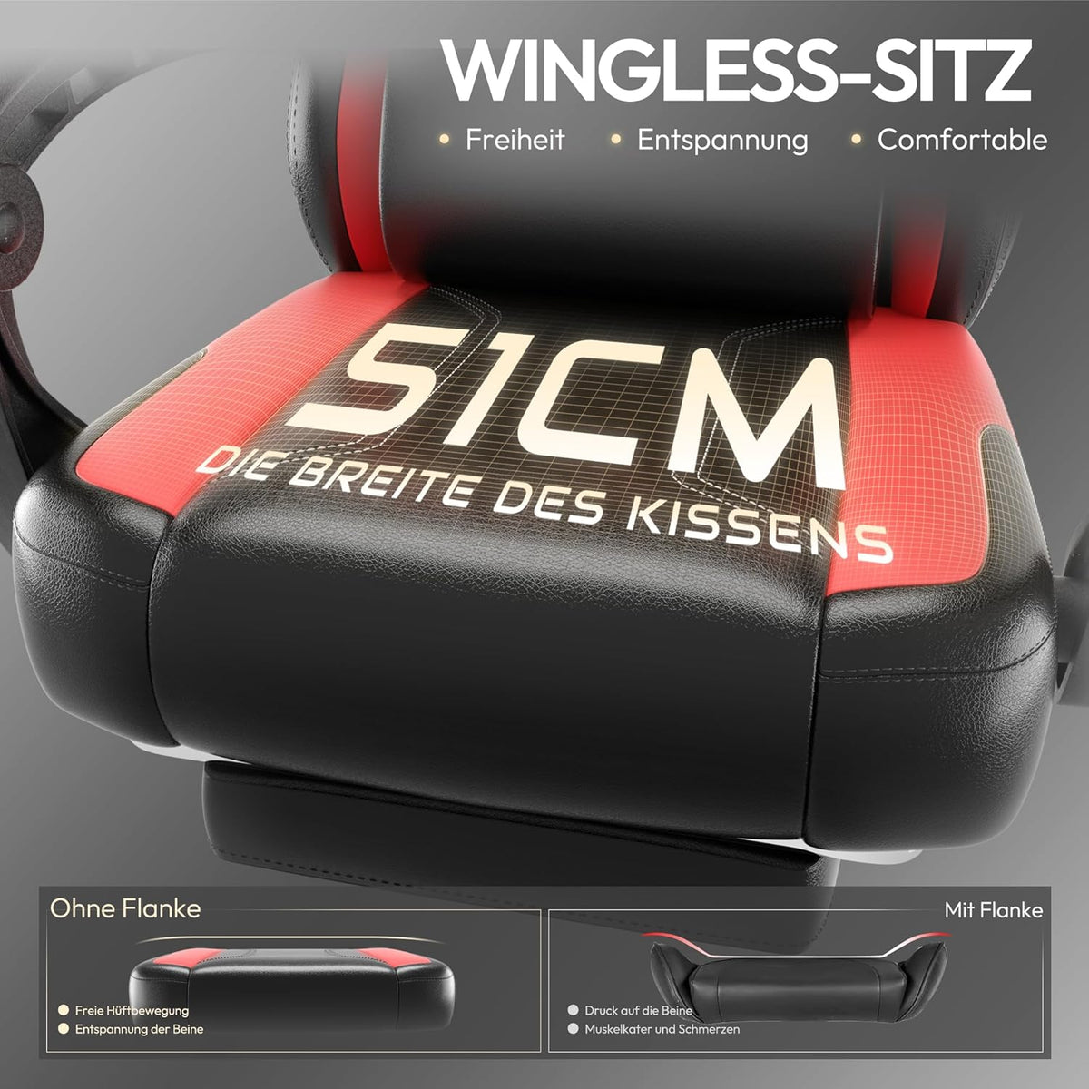 Dowinx Gaming Chair, Ergonomic PU Leather Gamer Chair with Lumbar Support, PC Chair with Widened Backrest, Maximum Load 150 kg, Red - QUORE