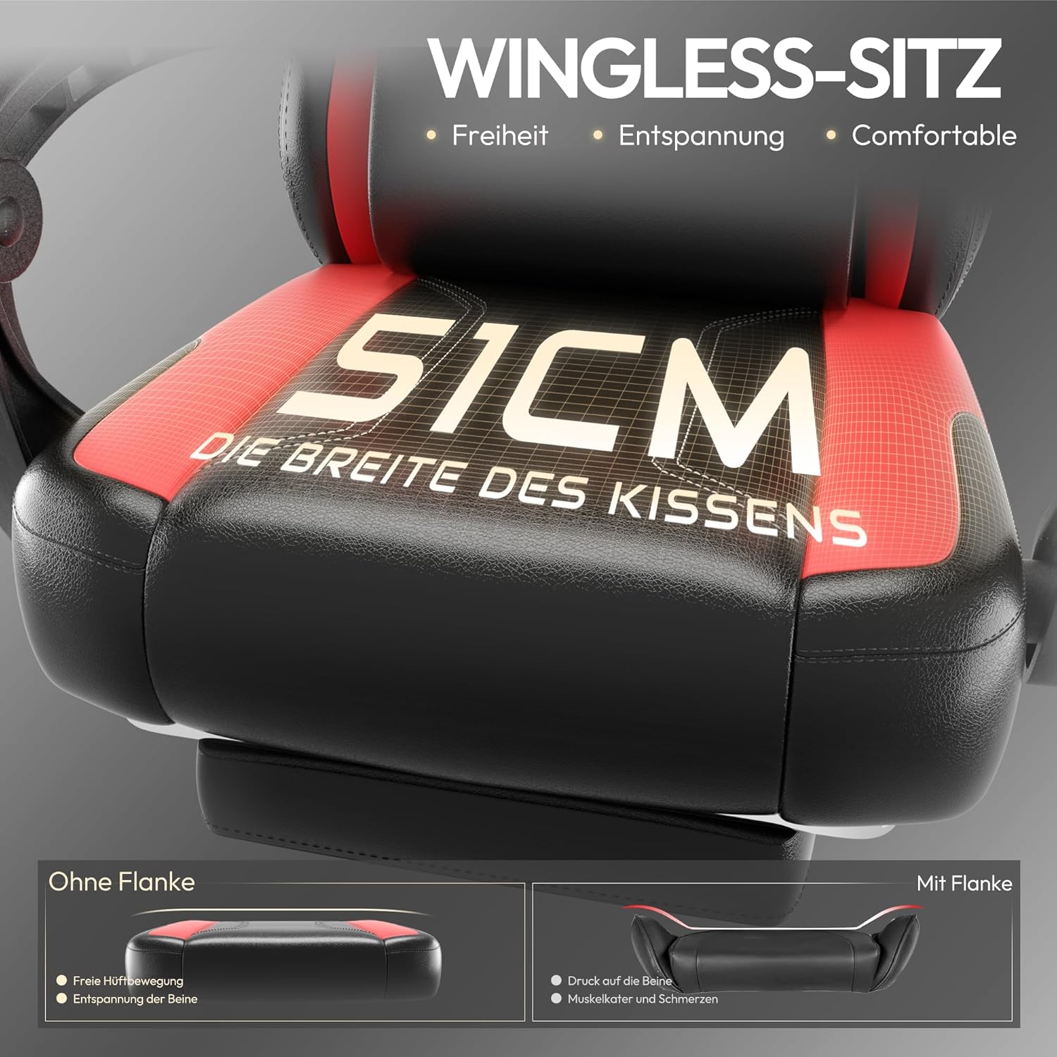 Dowinx Gaming Chair, Ergonomic PU Leather Gamer Chair with Lumbar Support, PC Chair with Widened Backrest, Maximum Load 150 kg, Red - QUORE