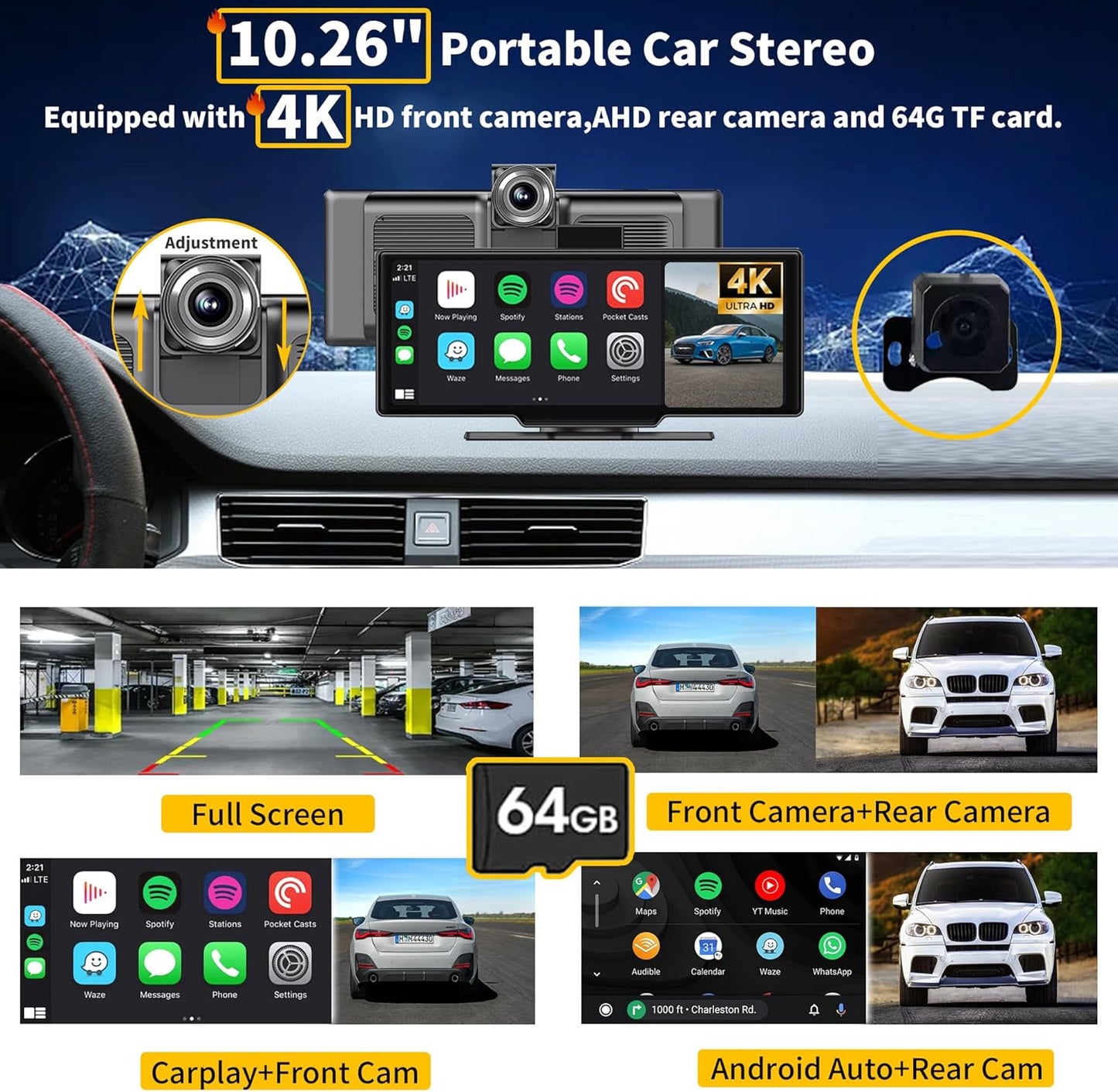 SCUMAXCON Carplay IPS-touchscreen, 10,26 inch, draadloos, Android Auto Airplay 4K, achteruitrijcamera, 1080p, GPS, navigatie, bluetooth, FM middenconsole, mediaspeler, geïntegreerde luidspreker