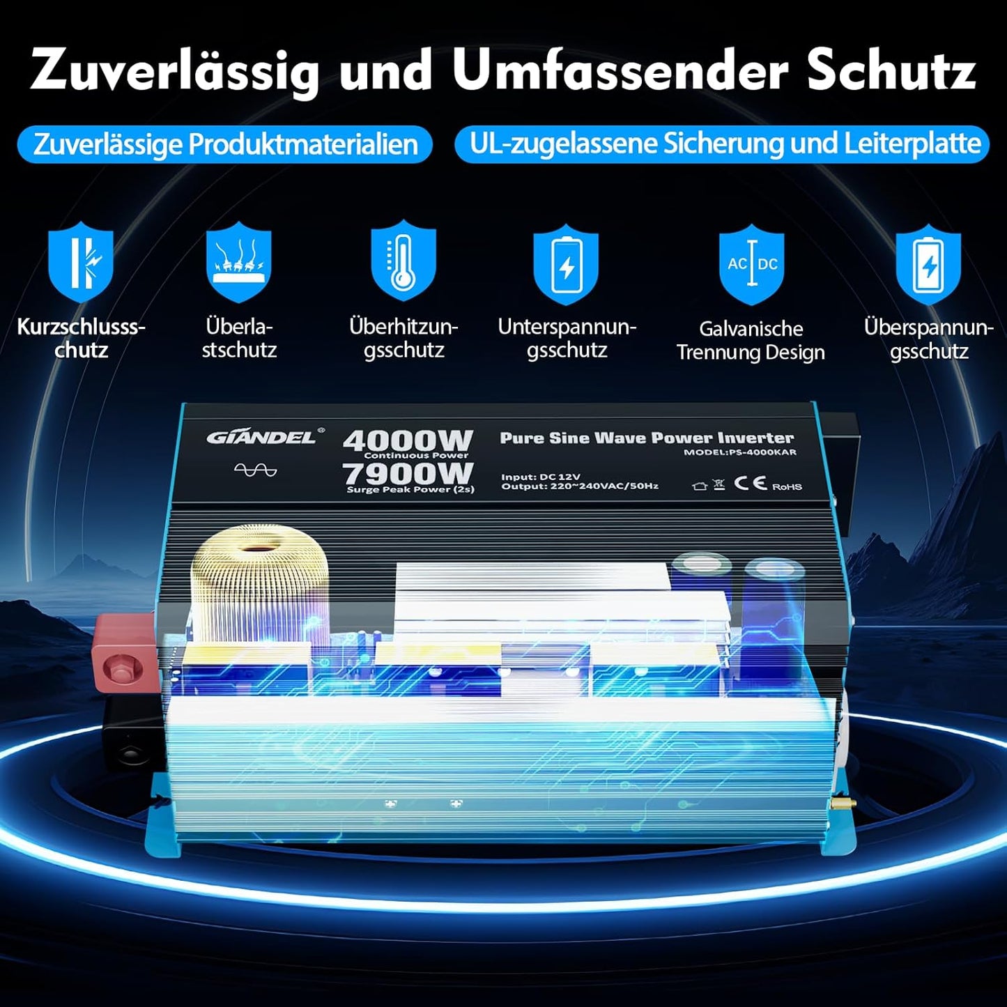 GIANDEL 4000 W omvormer, zuivere sinus, 12 V naar 230 V, met instelbare onderspanningsuitschakeling, spanningsomvormer met afstandsbediening en USB-C PD 36 W, voor camper, camping, caravans