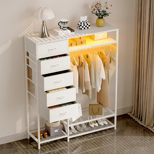 Trironsun Commode met 5 laden, kledingstang, LED-verlichting, laadstation, stoffen commode met houten plaat voor slaapkamer, woonkamer of kinderkamer (wit)