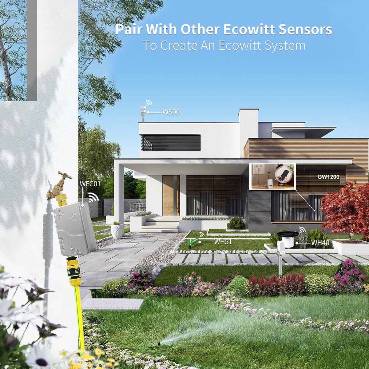 ECOWITT Watertimer WFC01, automatisch tuinirrigatiesysteem met app, tuinirrigatie met wifi, gateway GW1200, IP66 waterdichte besturing, irrigatieklok, watertimer voor landbouw