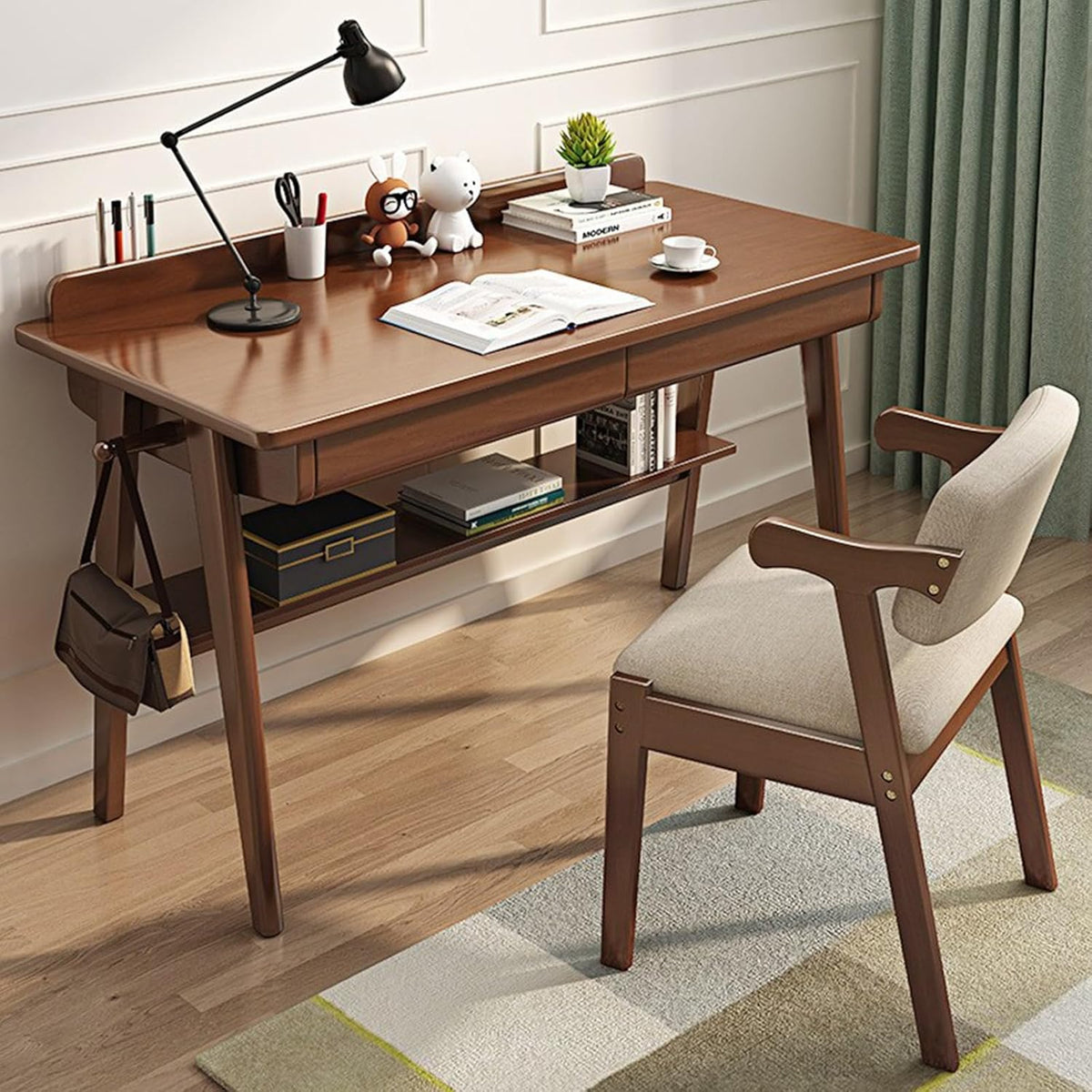 Bureau met 2 Laden, Computer Bureau, Walnoot Massief Houten Bureau, Werktafel om Studeren en Schrijven, PC-Tafel voor Thuis en Kantoor, 120 x 60 x 75 cm, Walnoot