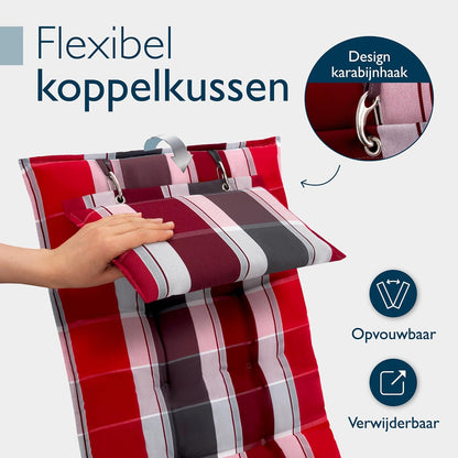 Beautissu Set van 8 Premium Hoge Rugleuning Kussen met Hoofdkussen 120x50 cm Sun-HL – UV-bestendig & 8cm Dik Kussen Tuinstoelkussen Antislip Bevestigingsbanden – Stevige Stof Rood Antraciet Gestreept