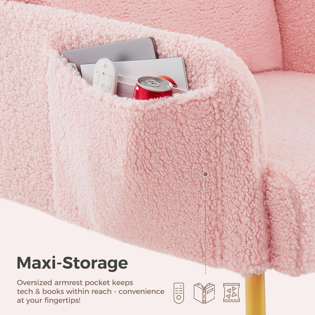 Mondeer Armchair Accent Chair with Storage Bag and Metal Legs, Soft Imitation Lambswool Fabric for Living Room, Bedroom, Reading Reception, Lounge, 63 x 75 x 75 cm, Pink