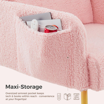 Mondeer Armchair Accent Chair with Storage Bag and Metal Legs, Soft Imitation Lambswool Fabric for Living Room, Bedroom, Reading Reception, Lounge, 63 x 75 x 75 cm, Pink