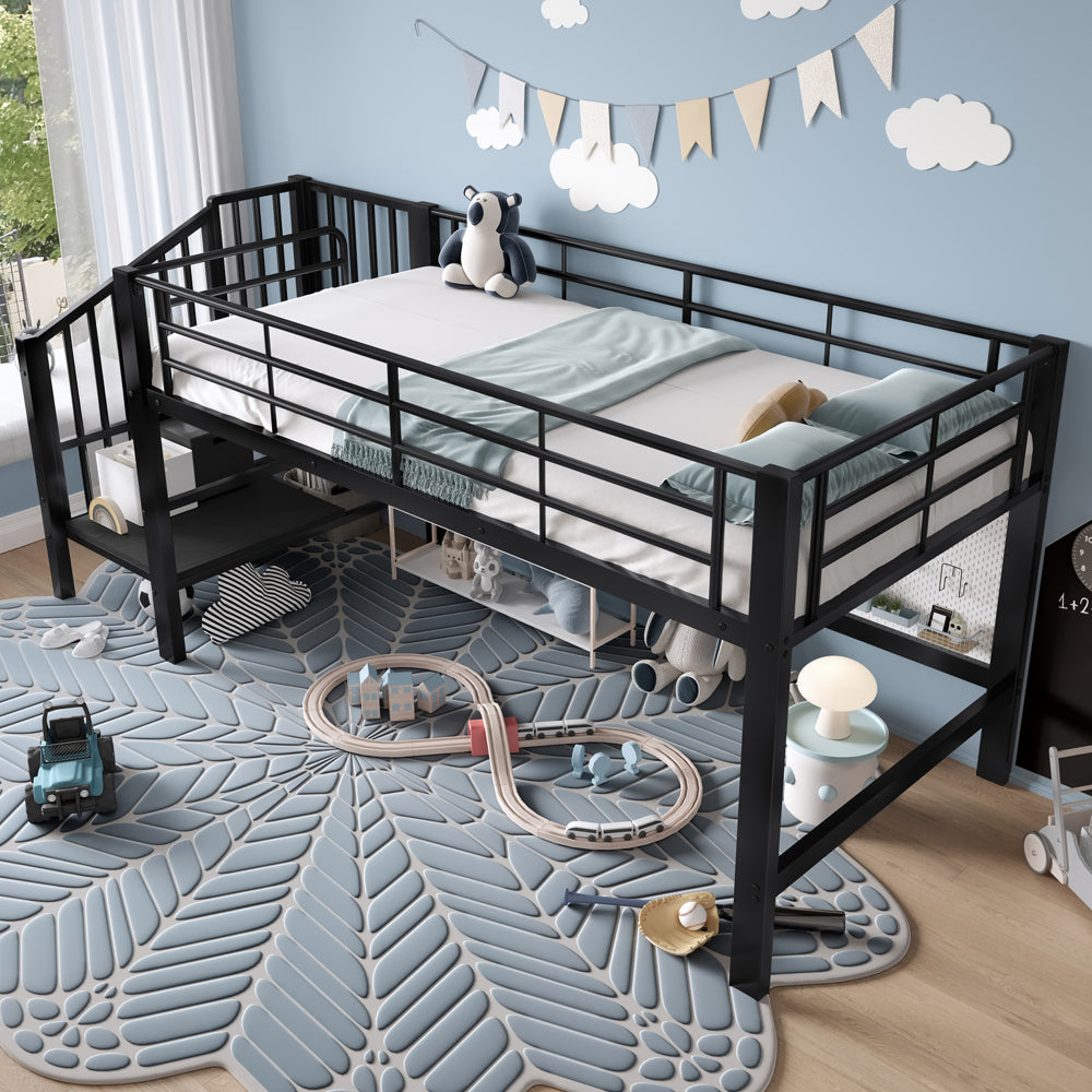 Elevated Storage Stair Bed, Black | Metal Contemporary Style, Assembled, No Electricity Required