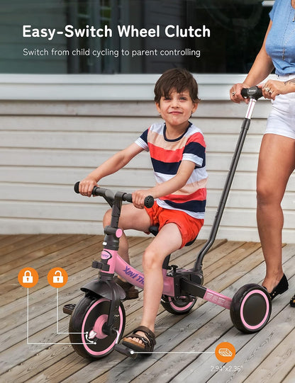 besrey 7-in-1 driewieler voor peuters met stuurgreep, voor 1-5 jaar, opvouwbare wielen, peuterfiets met wielkoppeling, grotere wielen, afneembare pedalen, in hoogte verstelbare zitting, roze