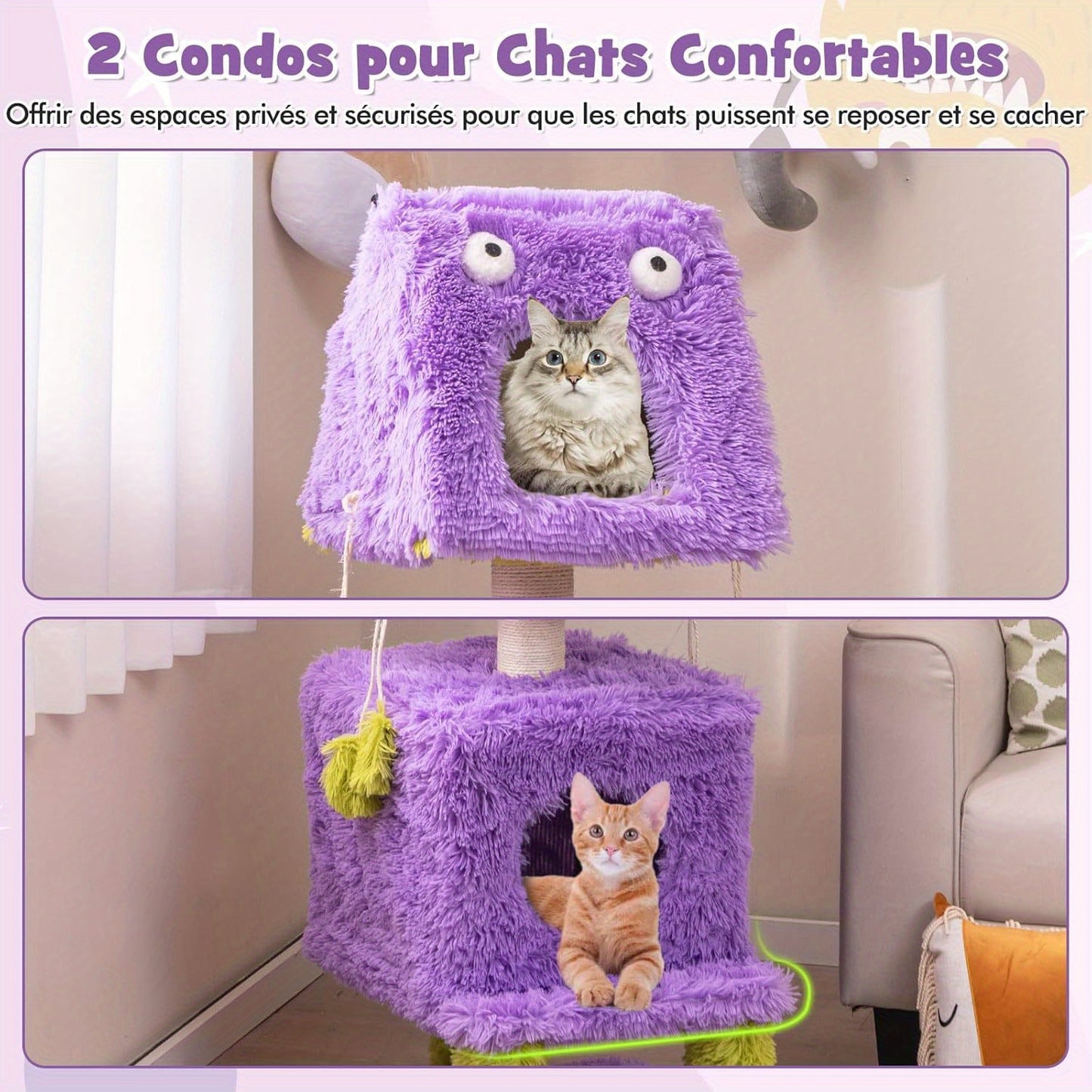 Krabpaal – Kattenboom – Kattenhuis – Kattenmeubel – Kattentoren – 3 Laags Monsterdesign – 2 Knusse Condo’s Met Sisal Krabpaal – Zacht Pluche & Stevig Hout – Paars
