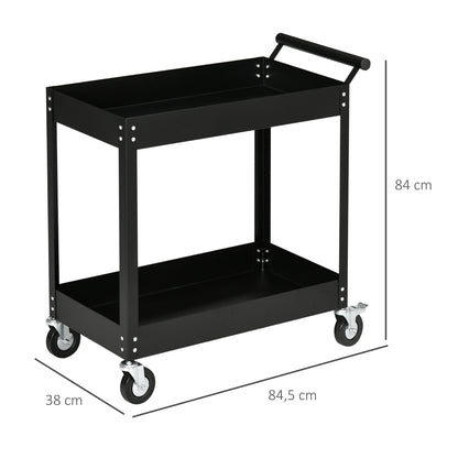 Werkplaatswagen – Gereedschapswagen – Werkplaatskar – Trolley – Opbergwagen – 2 Planken – Staal – Max. 150 kg – Zwenkwielen – Handgreep – Compact 84,5x38x84 cm – Zwart