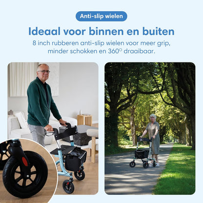 Rollator lichtgewicht en opvouwbaar - zitfunctie - voor binnen en buiten - rugleuningen en wandelstok houder (Blauw)
