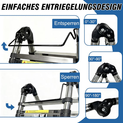 Brsheco roestvrijstalen telescoopladder opvouwbare ladder 5 m (2,5 + 2,5 m), uitschuifbare ladder 2-in-1 multifunctionele ladder, met stabilisator, breed toepasbaar, stepladder, huishoudladder, draagv