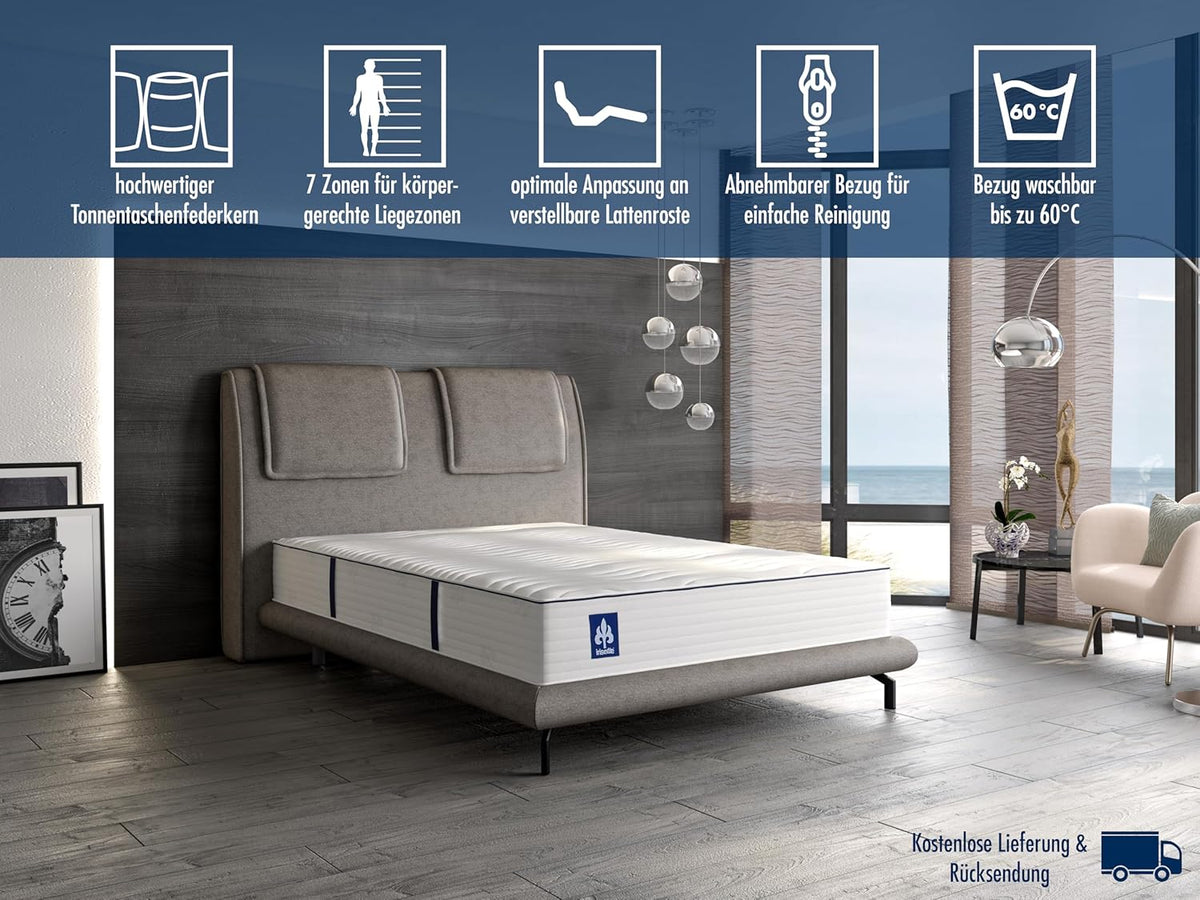 Irisette Fehmarn 500 pocketveringmatras, omkeerbaar matras met 7 zones, hardheidsgraad 3, 140 x 200 cm, Öko-Tex gecertificeerd, geproduceerd volgens Duitse kwaliteitsstandaard