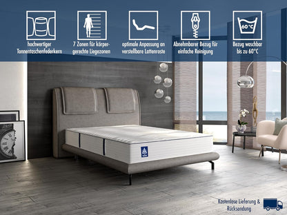 Irisette Fehmarn 500 pocketveringmatras, omkeerbaar matras met 7 zones, hardheidsgraad 3, 140 x 200 cm, Öko-Tex gecertificeerd, geproduceerd volgens Duitse kwaliteitsstandaard