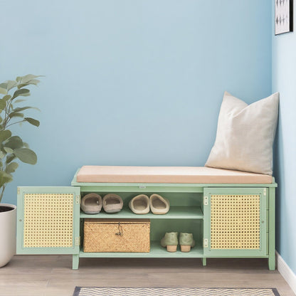 Schoenenkastje – Schoenenbank – Schoenenopberger – Schoenenrek – Schoenmeubel – 3 Lades en Geventileerde Mesh Deuren – Comfortabel Zitkussen, 150 kg Belastbaar, 100x34x46 cm – Groen