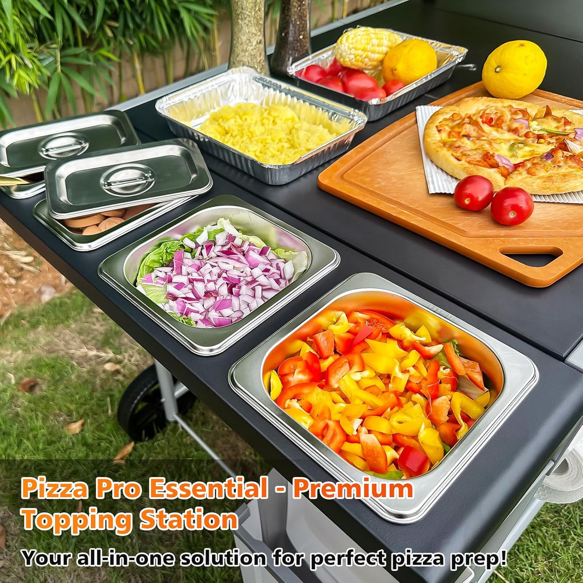 GFTIME 128 x 64 x 78 cm grillwagen serveerwagen voor Weber Q-serie, Ninja Woodfire, pizzaoven, tafelgrill, grilltafel met groot werkblad, outdoor serveerwagen tuin trolley