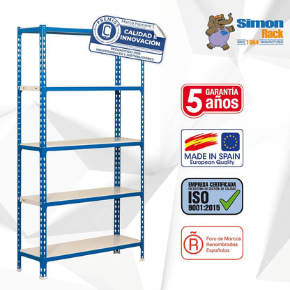 Simon Rack Stellingkast Metaal, 2000x1000x500 mm, Buigpunt 180, 5 Verstelbare Niveaus, Metalen Planken, Robuust Opslagrek voor Garage, Kelder en Werkplaats, Blauw/Wit – SimonClick