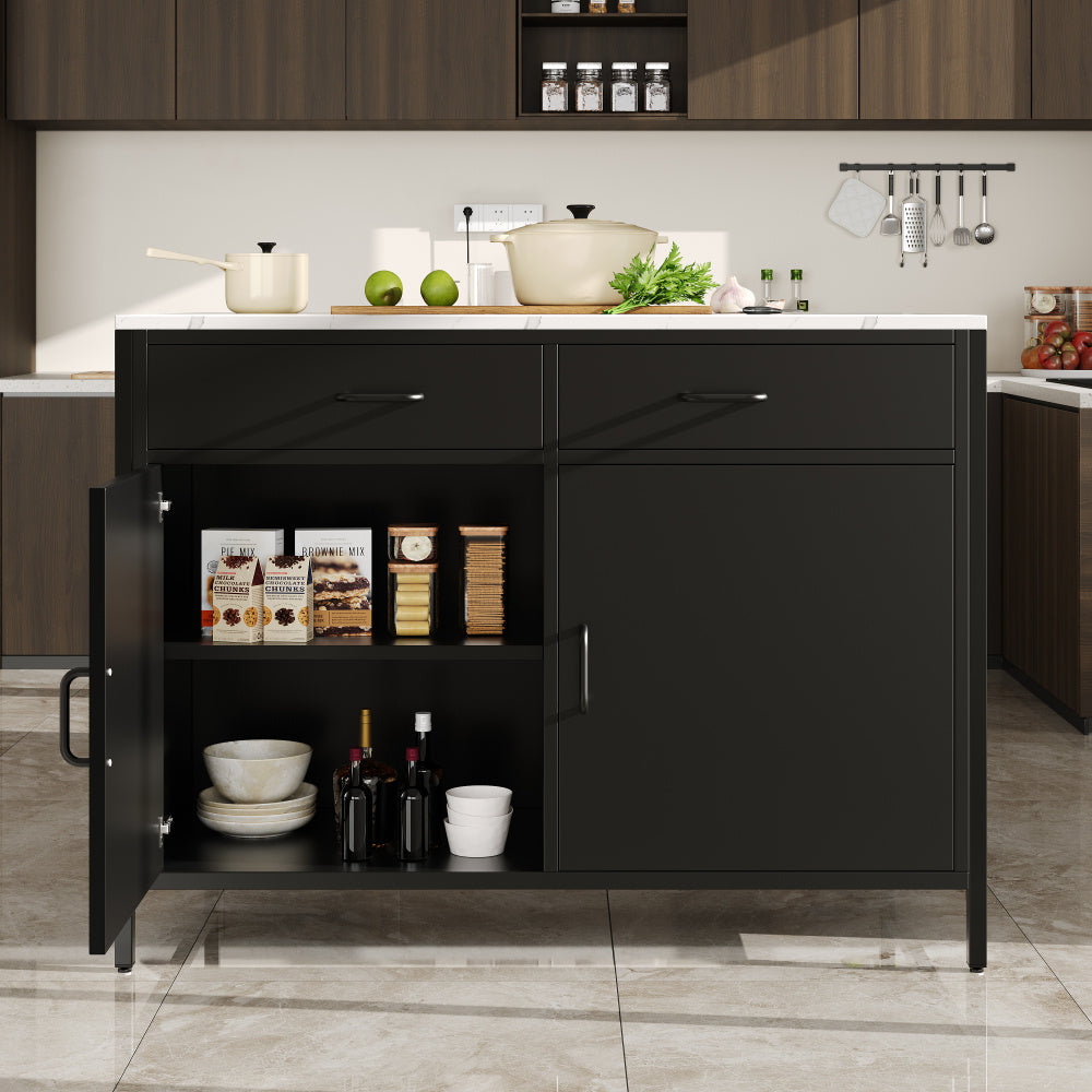 Modern Industrial Kitchen Island Table with Storage - Heavy-Duty Metal Construction, Black Bar Counter, Adjustable Legs - Space-Saving Dining or Living Room Furniture for Small Apartments - Easy-Clean Surface, Kitchen Table,