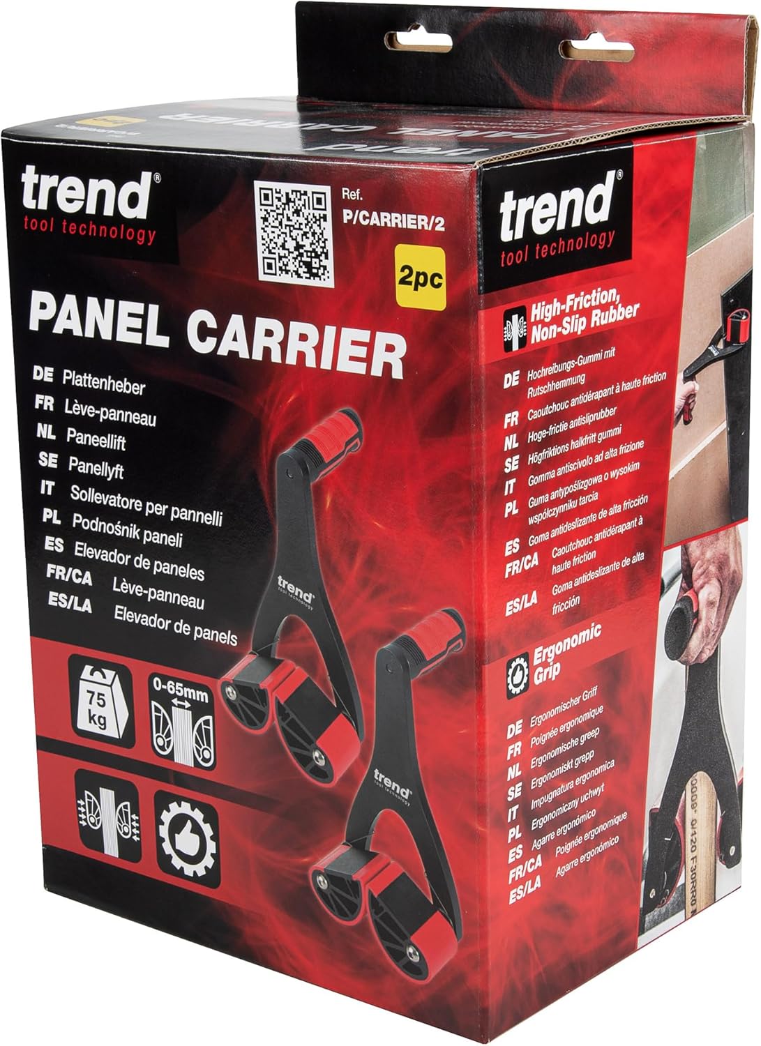Trend Plaatdrager set voor deuren, werkbladen en plaatmateriaal, paar zelfinstellende tilhulpen voor materialen tot 65 mm dik, draagvermogen 75 kg per stuk, antislip rubberen bekken, P/CARRIER/2