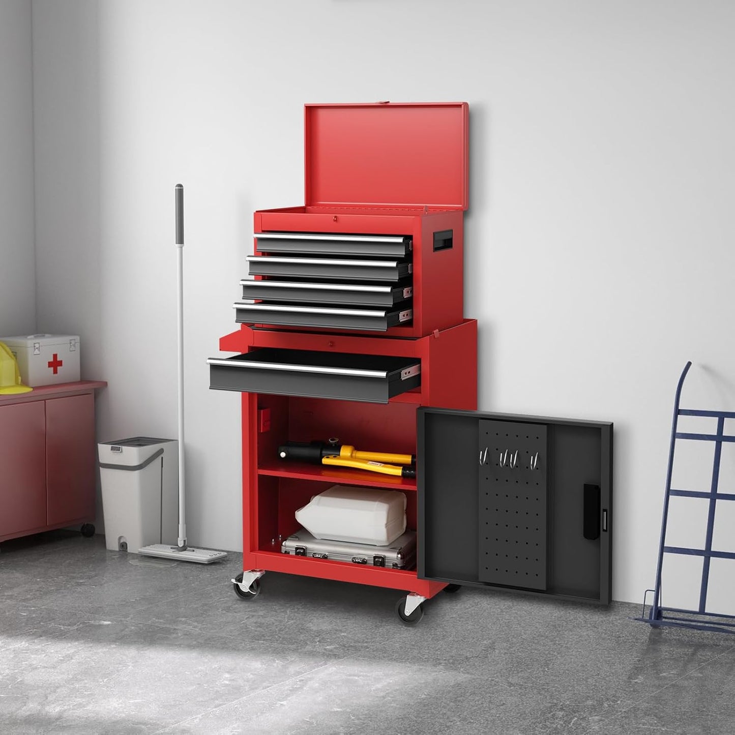 Gereedschapskist – Gereedschapskoffer – Toolbox – Gereedschapswagen – Gereedschapskist op wielen – 5 Laden – Robuust Metaal met Automatische Vergrendeling