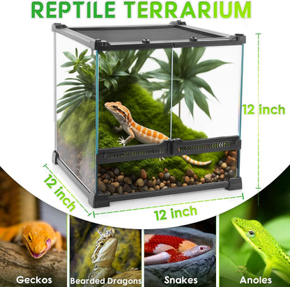 Mini Reptiel Glas Terrarium 12"x12"x12" Duurzame Reptielen Habitat Tank met Hittebestendig Aluminium Frame Dubbele Draaiende Deuren zonder Jam door Zand en Andere Puin