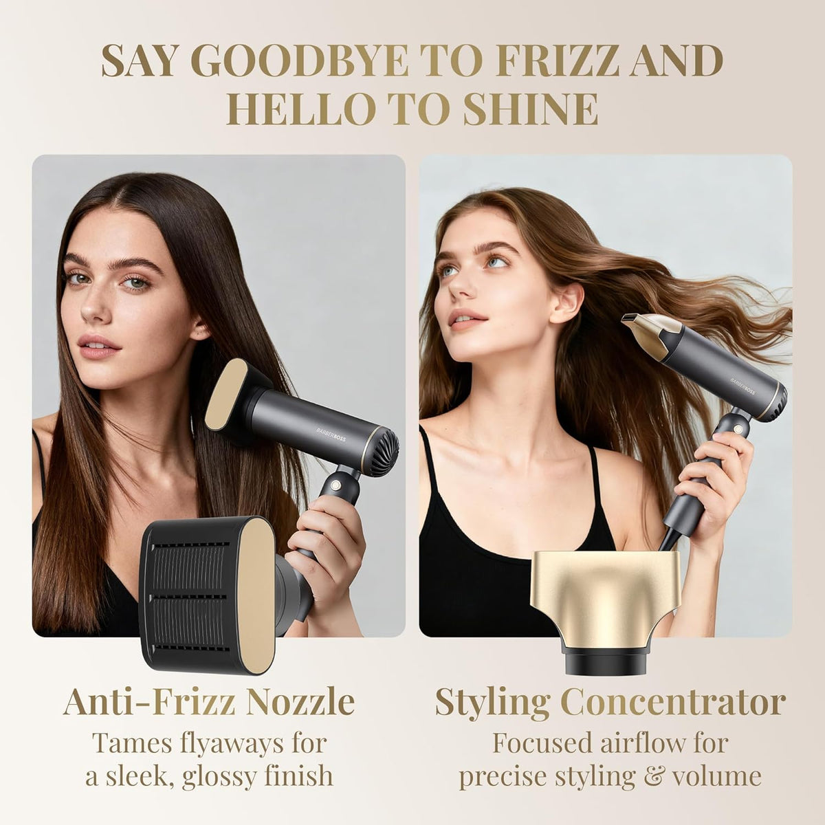 BarberBoss Föhn, Heteluchtstyler, Anti-frizz, Negatieve Ionen, Opvouwbare Föhn en Krultang, Krachtige Motor, Reisstylingtool, Sneldrogende Haarstyler, QR-8850