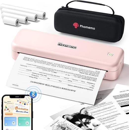 Phomemo M834 Thermal Printer A4 Mobile A4 for on the Go Office School Home Compatible with Smartphones Computers Portable Printer with Carrying Case and 4 Rolls Thermal Paper Pink - QUORE