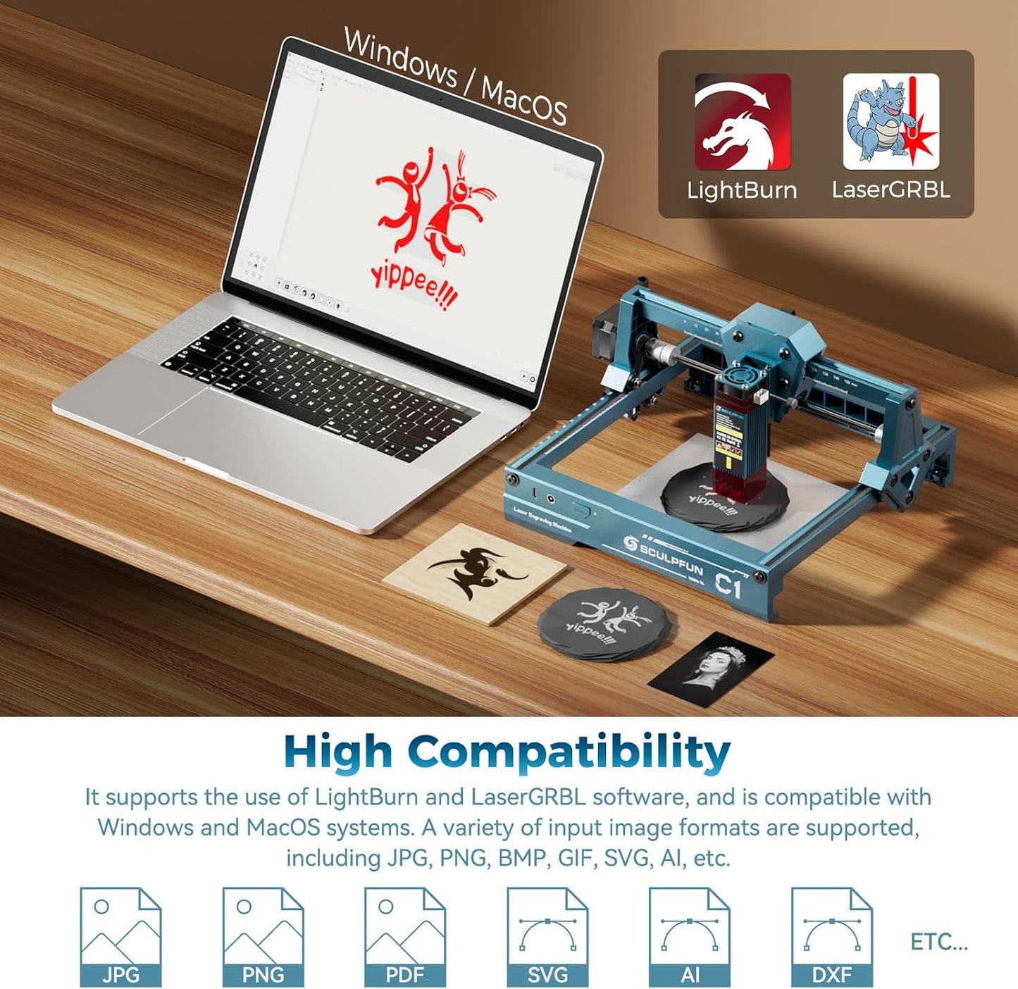 SCULPFUN C1 Mini Laser Engraver, 3W Portable Laser Engraving Machine with 0.04mm Ultra Fine Spot, Work for DIY Beginners,Plywood,Leather,Kraft Paper,Slate, Engraving Area 150 * 130mm