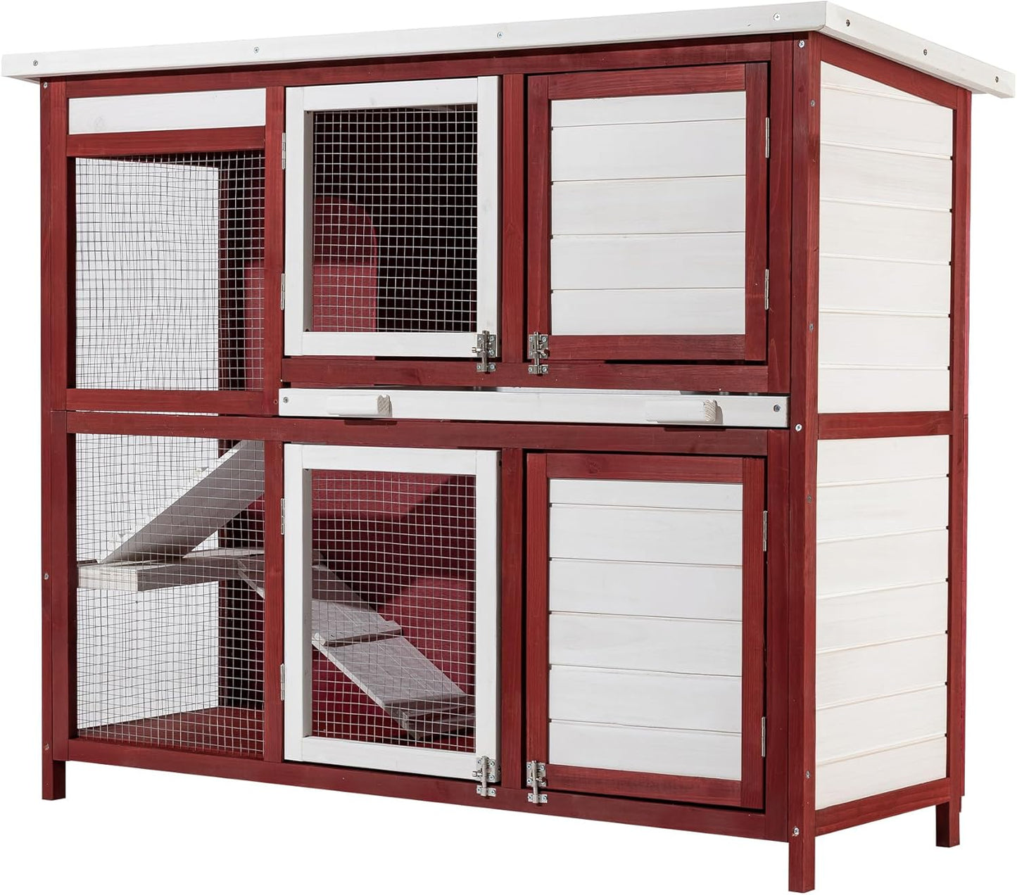 Konijnenhok met twee verdiepingen en trap - uitneembare vloer - van hout - rood-wit