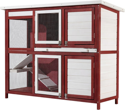 Konijnenhok met twee verdiepingen en trap - uitneembare vloer - van hout - rood-wit