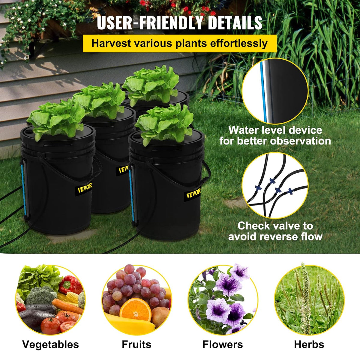 Hydrocultuur Systeem – Diepe Watercultuur – Kweekemmer Set – Kweekkit – DWC Kweekset – 4 Emmers 23L PP – 8W Luchtpomp Met Waterniveau-indicator