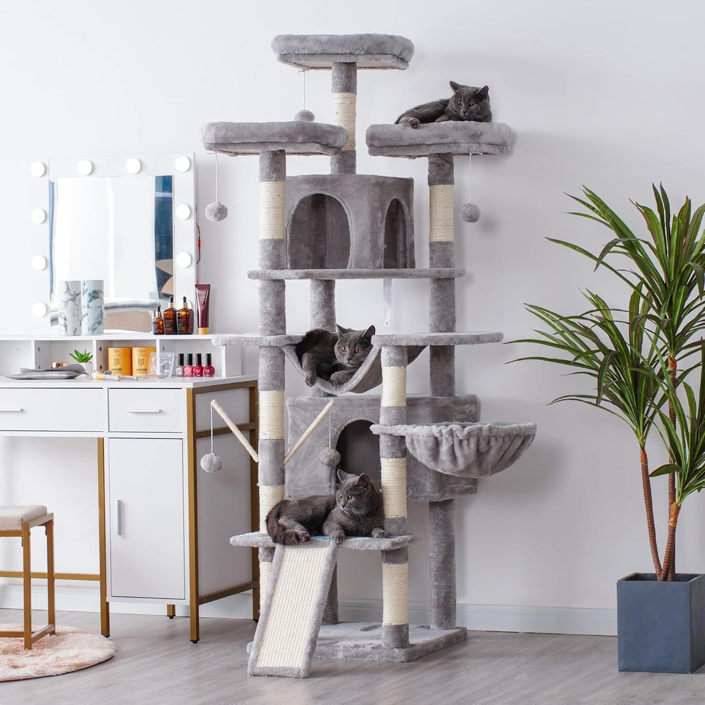 Krabpaal XXL voor Grote Katten – Kattentoren – Kattenboom – Kattenmeubel – Klimboom – Lichtgrijs – 180 cm Hoog – Met Groot Krabvlak en Sisaltouw