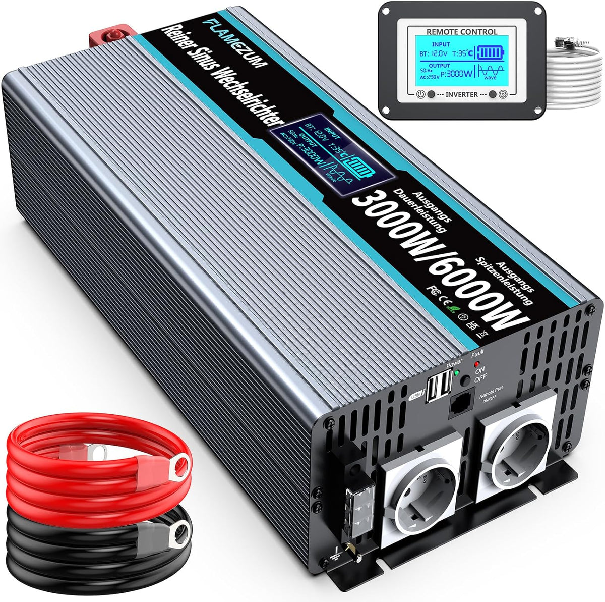 <font dir="auto" style="vertical-align: inherit;"><font dir="auto" style="vertical-align: inherit;">        FLAMEZUM 3000W Inverter 12V to 230V Pure Sine Wave Voltage Converter with Remote Control, LED Display, 2 EU AC Sockets, and 2 USB Ports for Cars, C