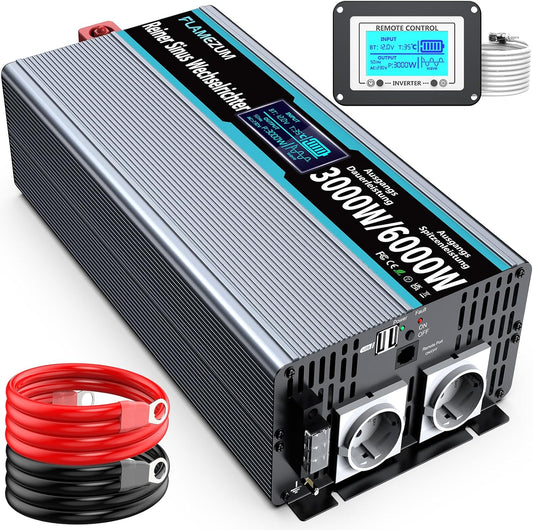<font dir="auto" style="vertical-align: inherit;"><font dir="auto" style="vertical-align: inherit;">        FLAMEZUM 3000W Inverter 12V to 230V Pure Sine Wave Voltage Converter with Remote Control, LED Display, 2 EU AC Sockets, and 2 USB Ports for Cars, C