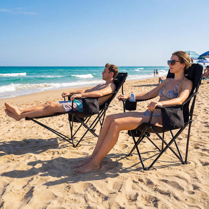 Opvouwbare campingstoel, 2-in-1, strandstoel met 4-voudig verstelbare rugleuning, campingstoel met voetensteun, met koeltas, bekerhouder voor camping, strand, festival, tuin, balkon