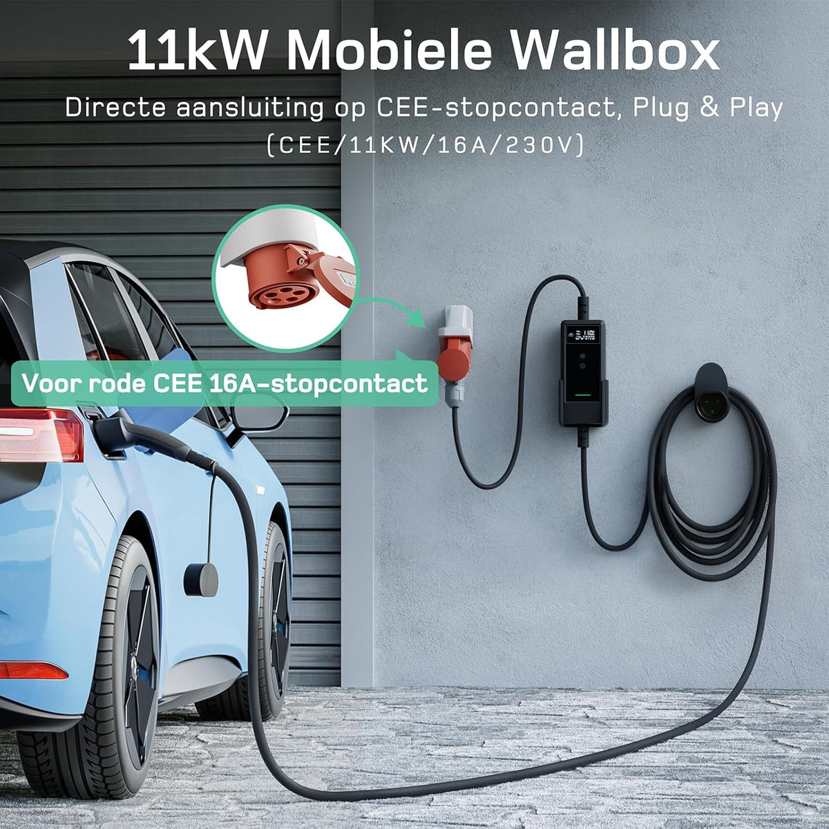 dé EV Oplader CEE 11kW [10m, 3-Fase, 6-16A] Wallbox 11kW met Type 2 Laadkabel en Digitaal LCD Bediening voor ID.3/4/5, Model 3/Y, EX30, IX1, Q3/4/5 en Andere EV & PHEV